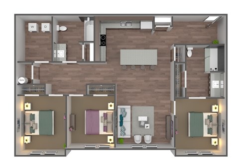 A 3D floor plan of a house with two bedrooms, a living room, a kitchen, and a bathroom.